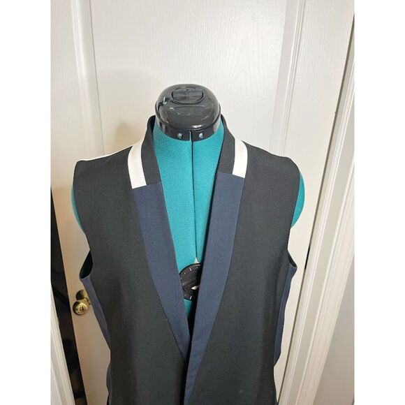 Elevenses Open Front Color Block Sleeveless Tailored Lined Pocket Tuxedo Vest - Picture 3 of 13